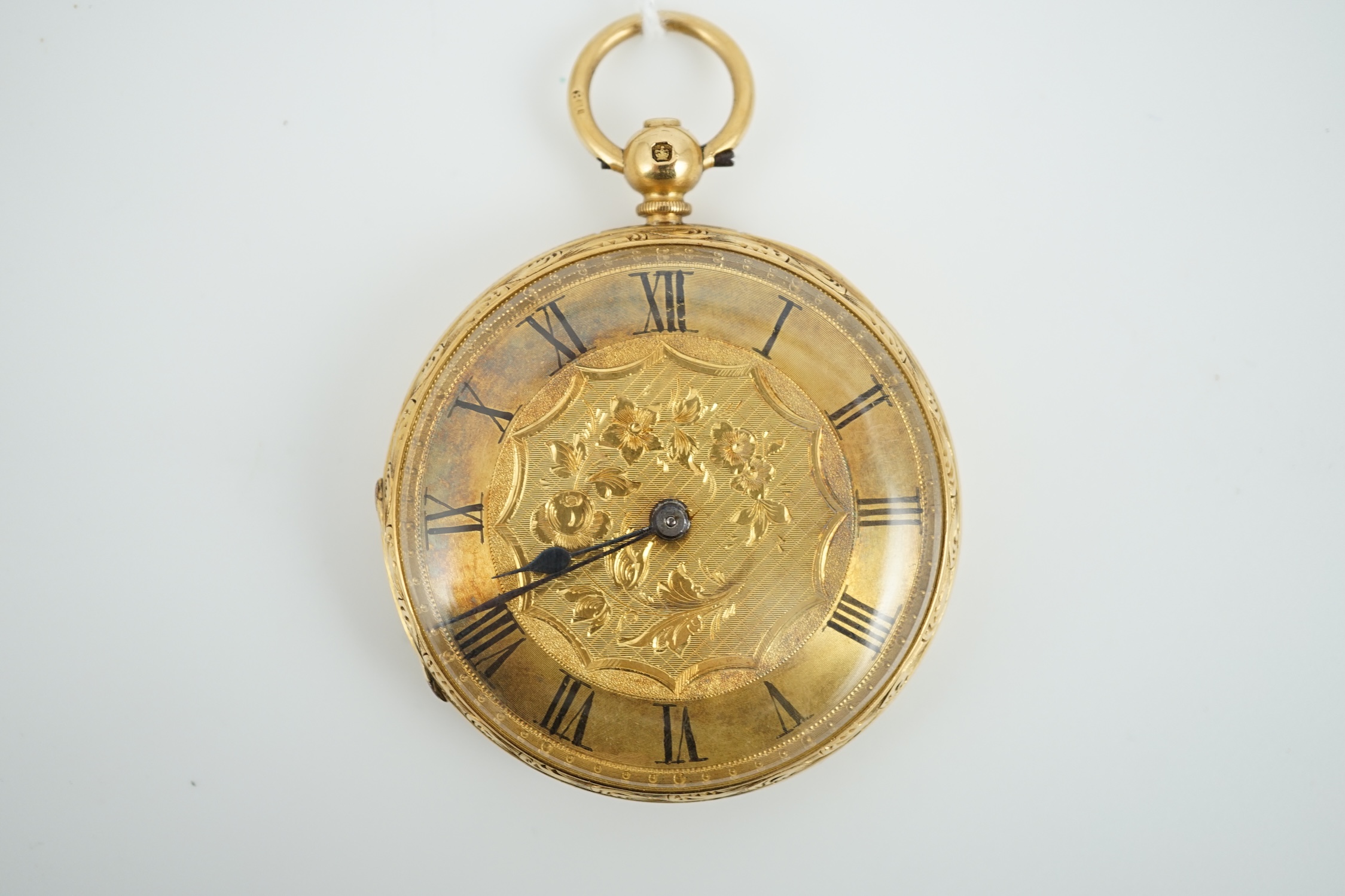 A Victorian 18ct gold open face keywind pocket watch, by George Woolley, Bristol, with Roman dial